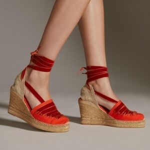 Penelope Chilvers Valenciana Dali Orange Velvet Strap Espadrille Wedge Sandal 38